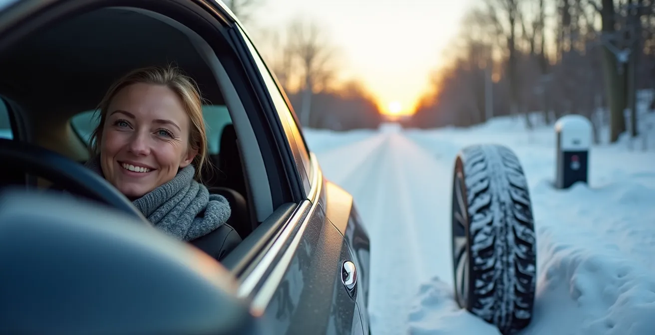Véhicule électrique équipé de pneus d'hiver spécialisés dans un paysage hivernal québécois