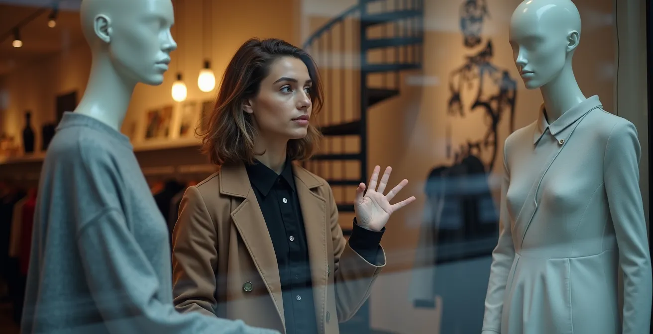 Devanture de boutique de créateurs sur la rue Saint-Laurent avec mannequins élégants