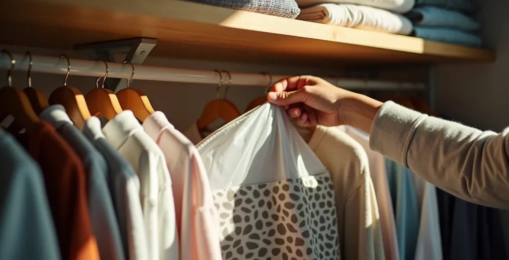 Intérieur de garde-robe organisée avec système de rangement vertical, bacs étiquetés et zone de transition visible Intérieur de garde-robe organisée avec système de rangement vertical, bacs étiquetés et zone de transition visible